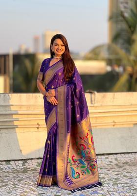 Violet Zari Work Silk Saree Set