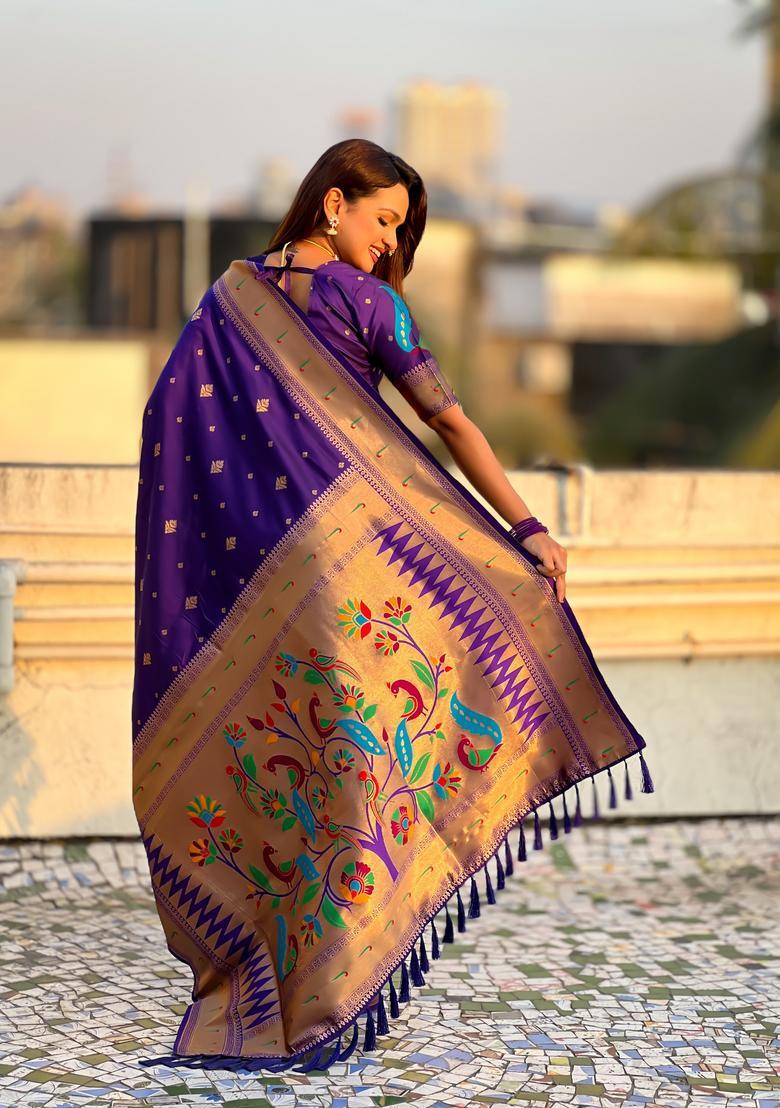 Violet Zari Work Silk Saree Set - Indya