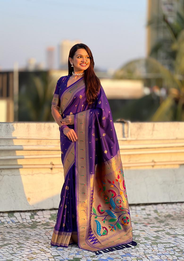 Violet Zari Work Silk Saree Set - Indya