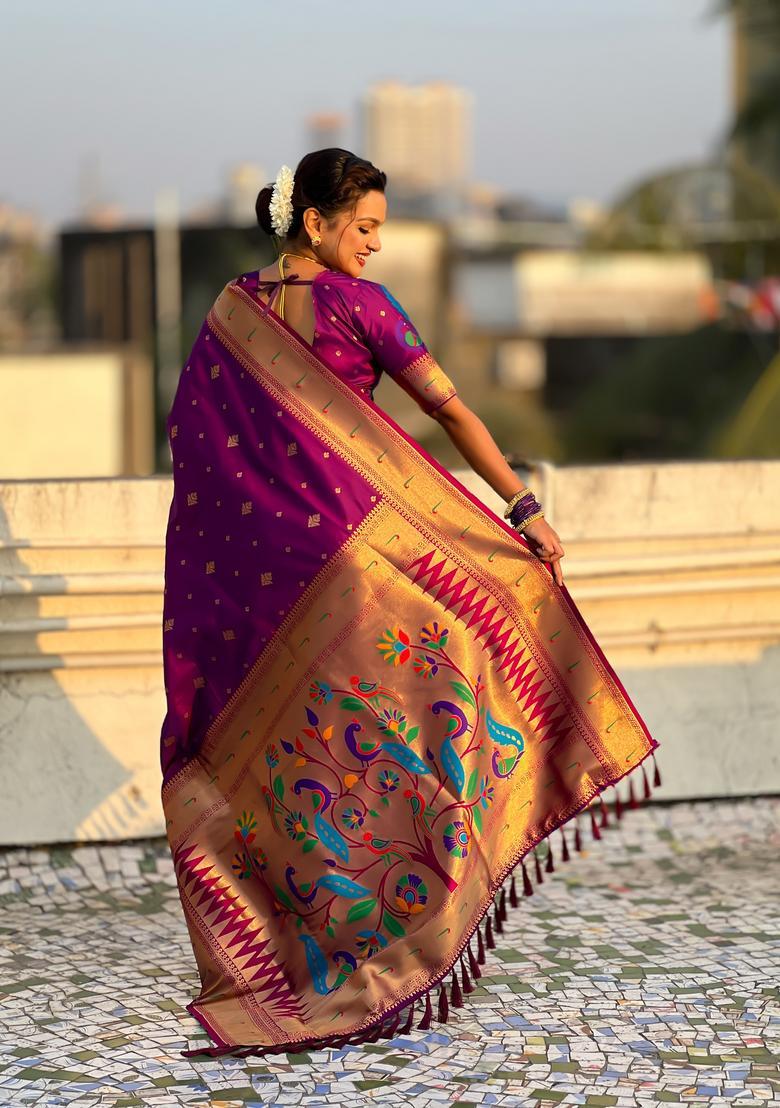 Wine Zari Work Silk Saree Set - Indya