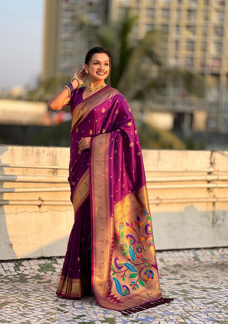 Wine Zari Work Silk Saree Set - Indya