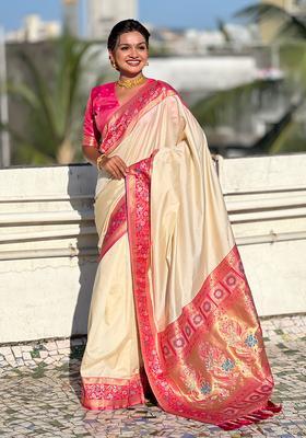 Cream Zari Work Silk Saree Set