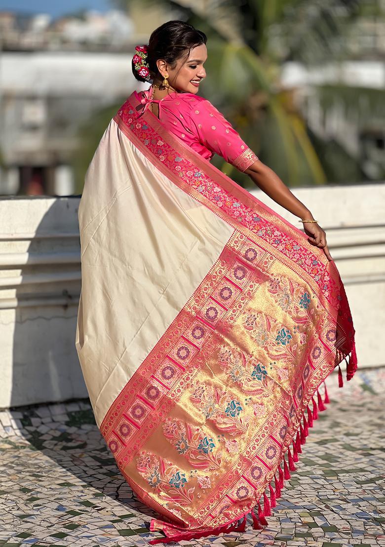 Cream Zari Work Silk Saree Set - Indya