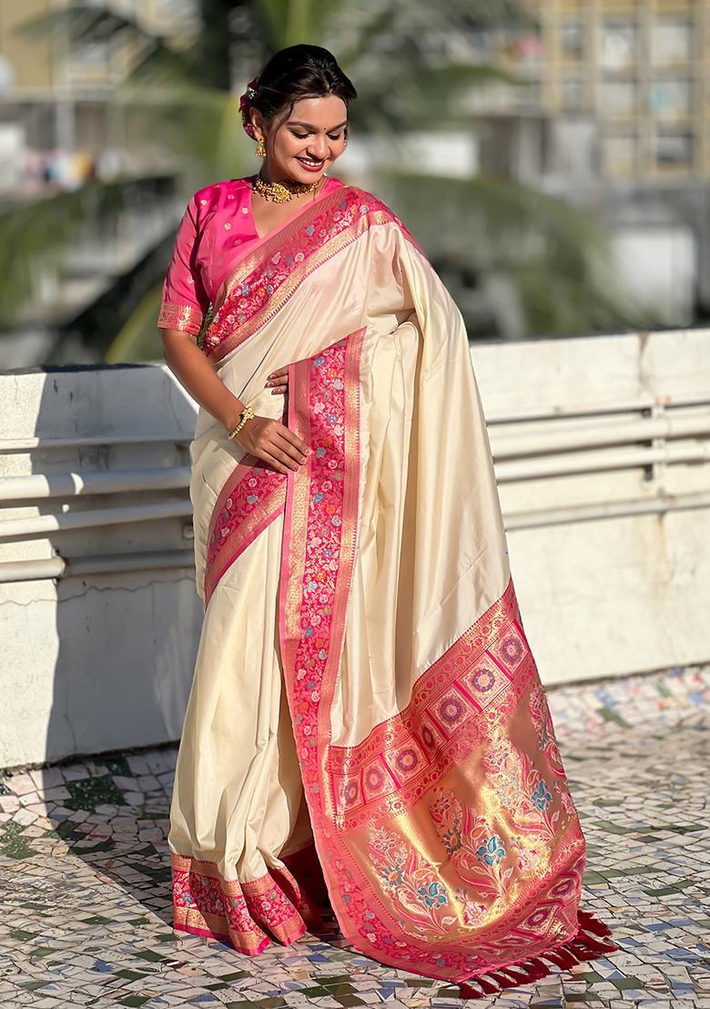 Cream Zari Work Silk Saree Set - Indya