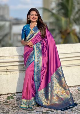 Lavender Zari Work Silk Saree Set