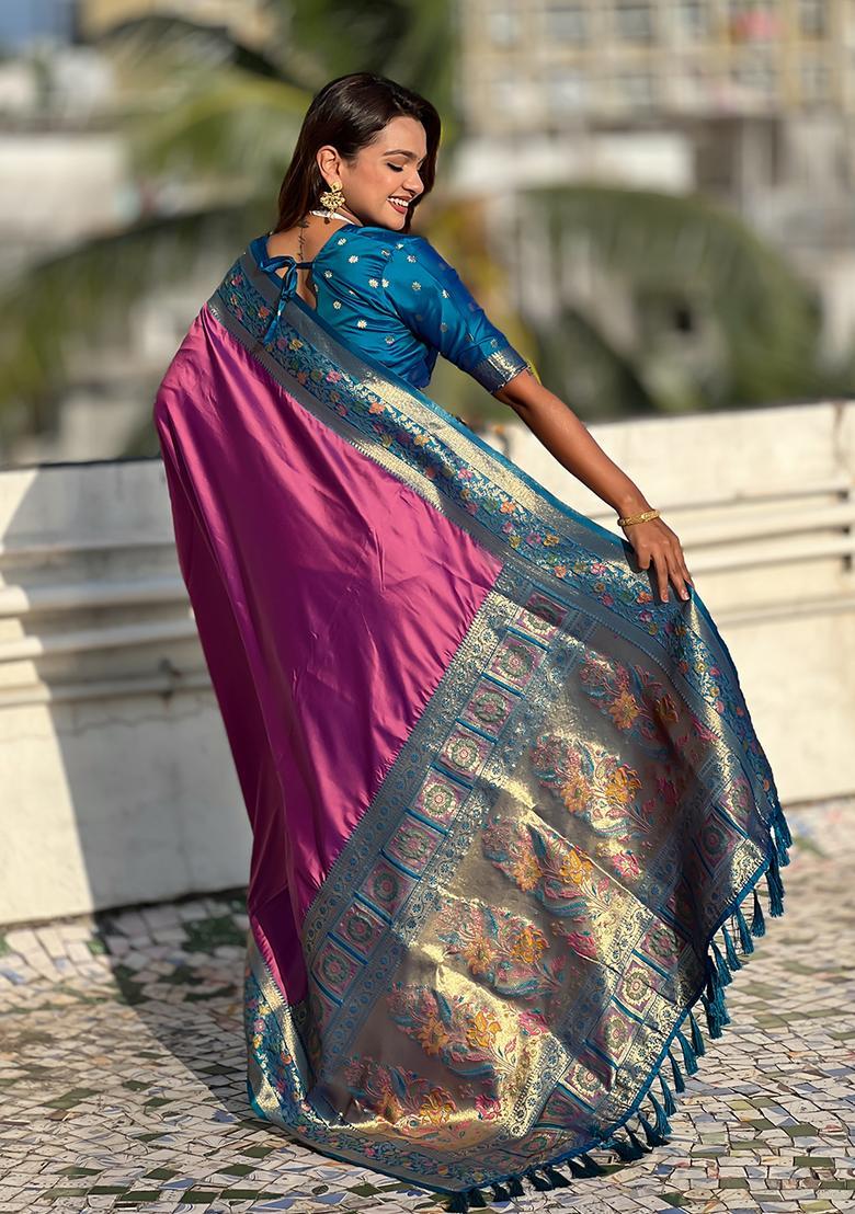 Lavender Zari Work Silk Saree Set - Indya