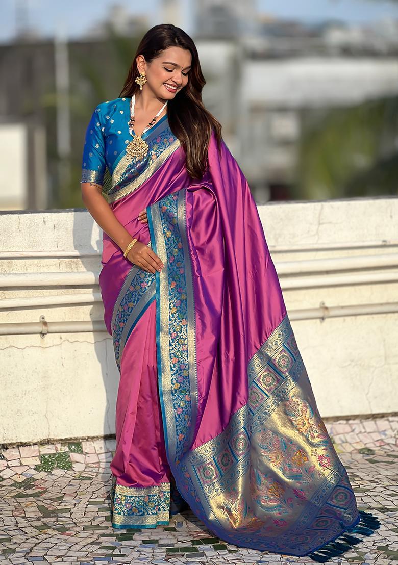 Lavender Zari Work Silk Saree Set - Indya