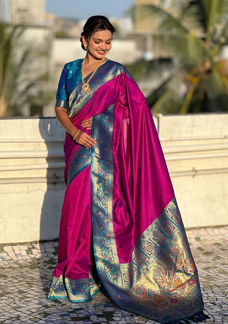 Magenta Zari Work Silk Saree Set - Indya