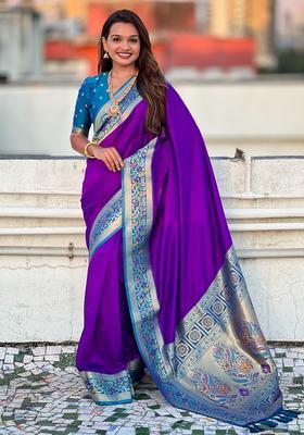Purple Zari Work Silk Saree Set