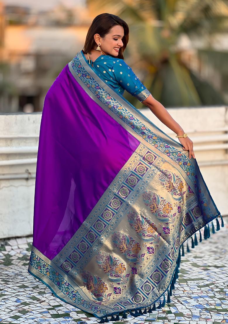Purple Zari Work Silk Saree Set - Indya