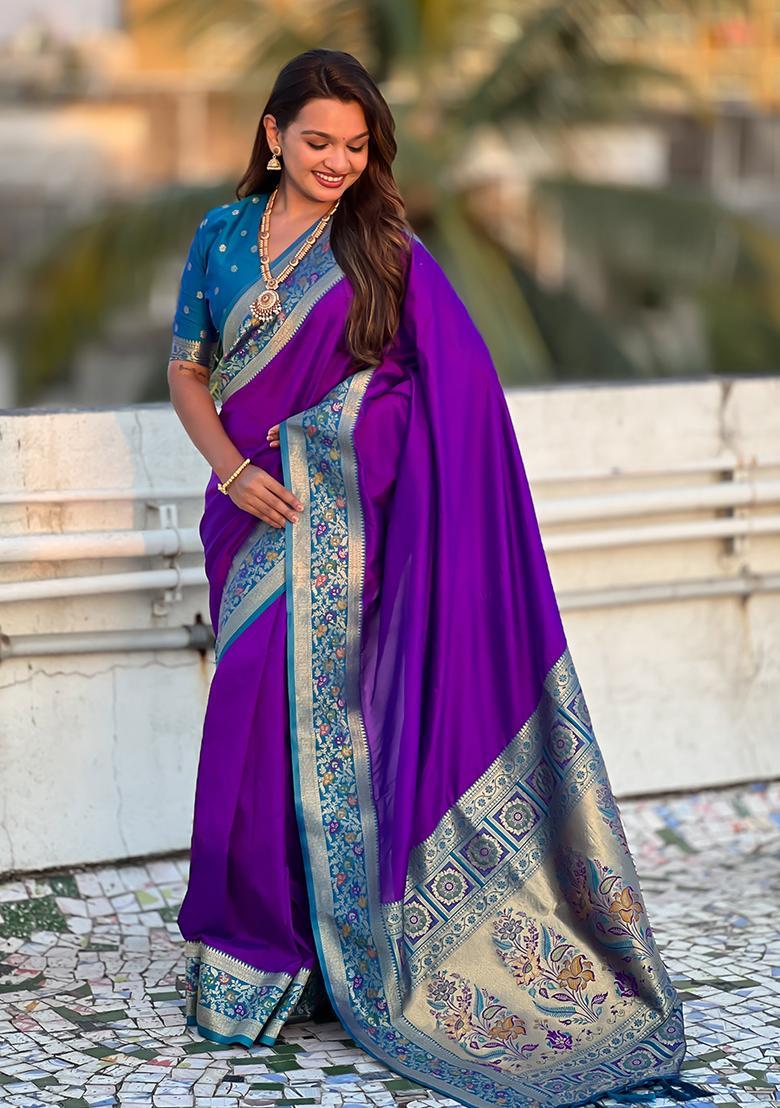 Purple Zari Work Silk Saree Set - Indya
