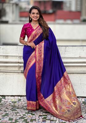 Violet Zari Work Silk Saree Set