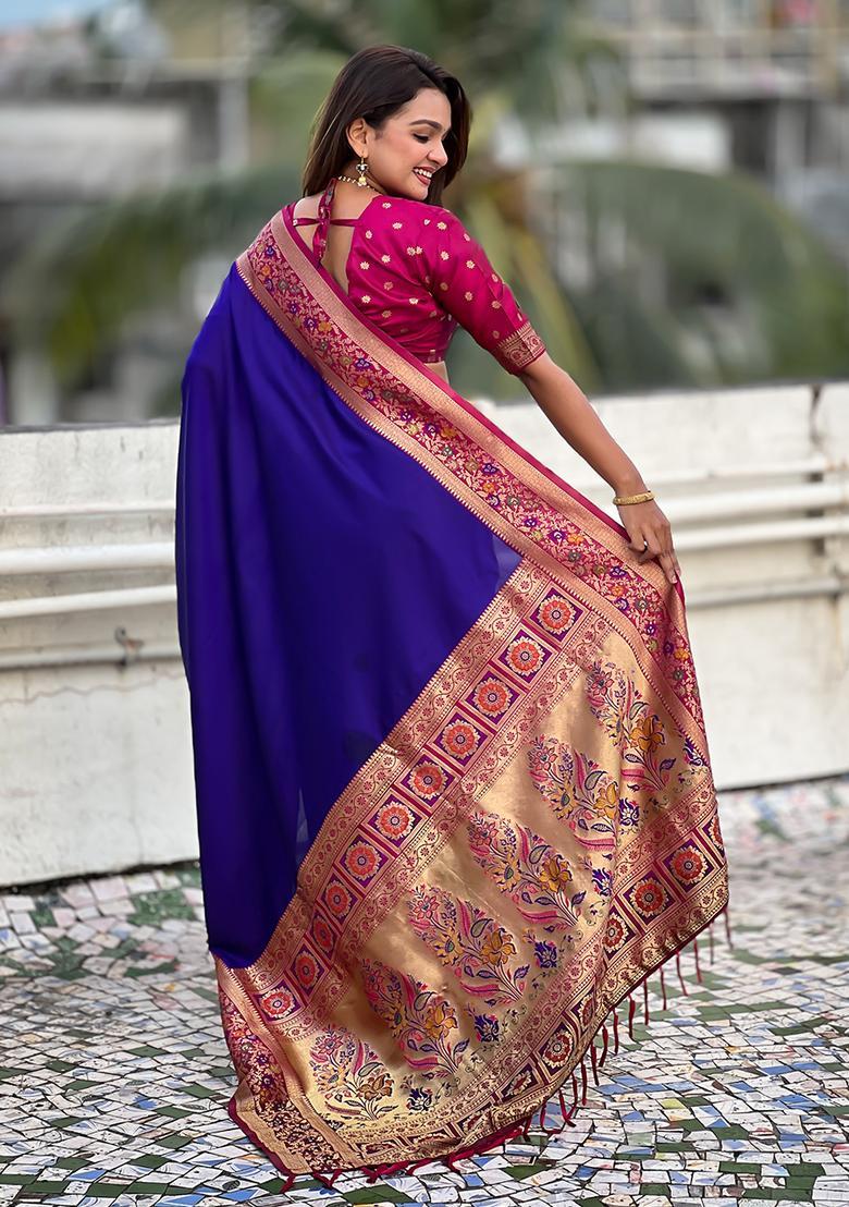 Violet Zari Work Silk Saree Set - Indya