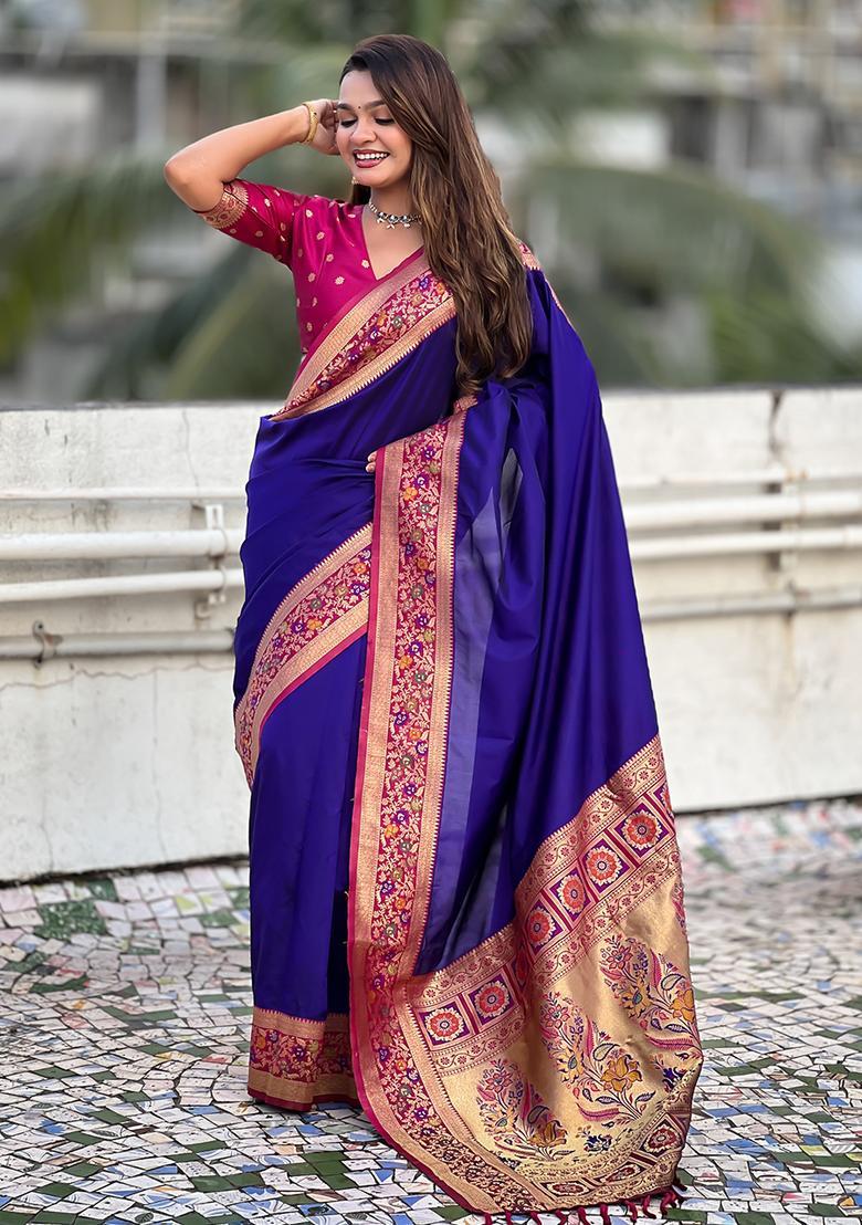 Violet Zari Work Silk Saree Set - Indya