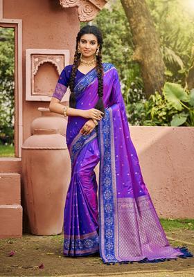 Purple Zari Work Silk Saree Set