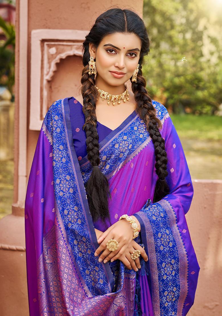 Purple Zari Work Silk Saree Set - Indya