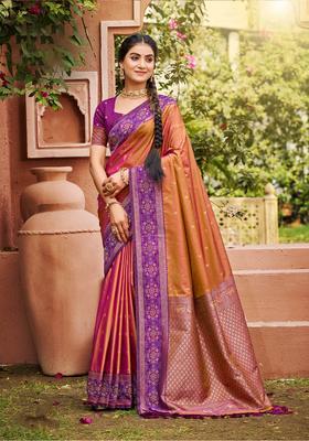 Rust Zari Work Silk Saree Set
