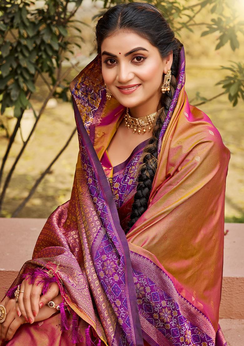 Rust Zari Work Silk Saree Set - Indya