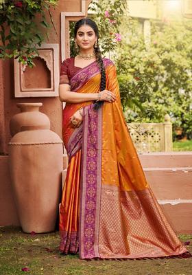 Orange Zari Work Silk Saree Set