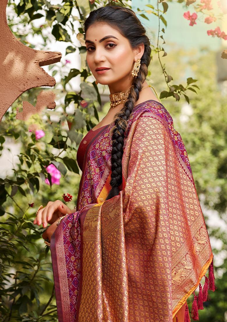 Orange Zari Work Silk Saree Set - Indya