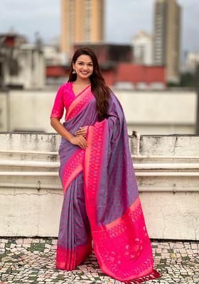 Lavender Zari Work Silk Saree Set