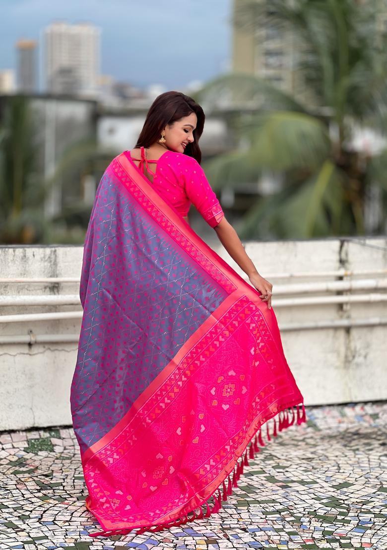 Lavender Zari Work Silk Saree Set - Indya