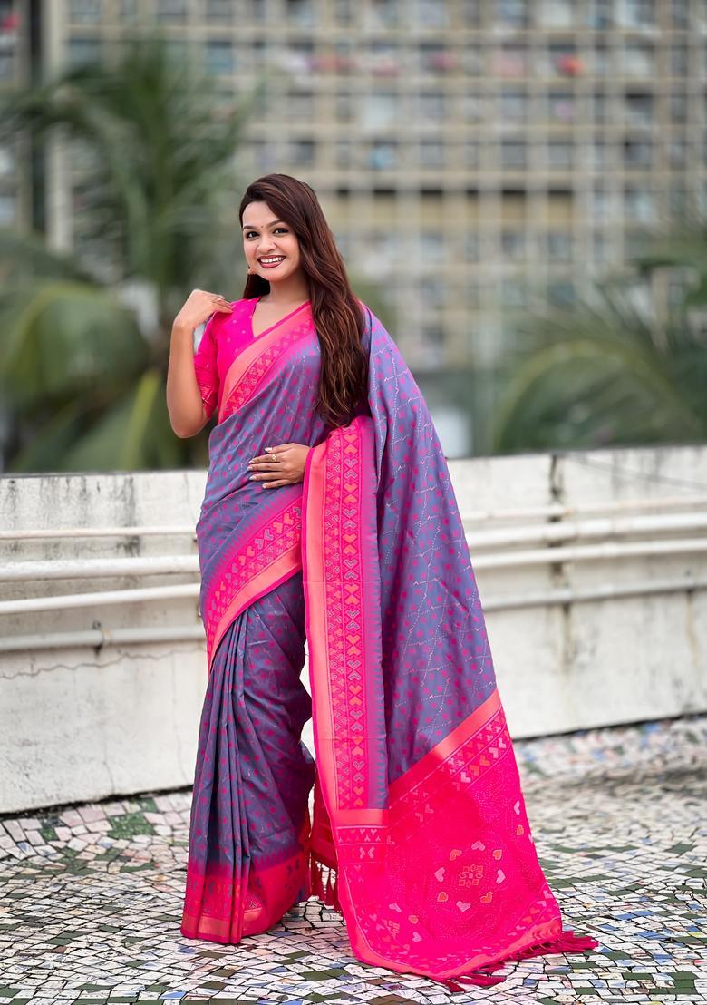 Lavender Zari Work Silk Saree Set - Indya