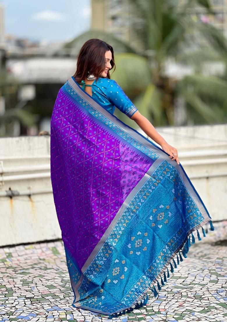 Purple Zari Work Silk Saree Set - Indya