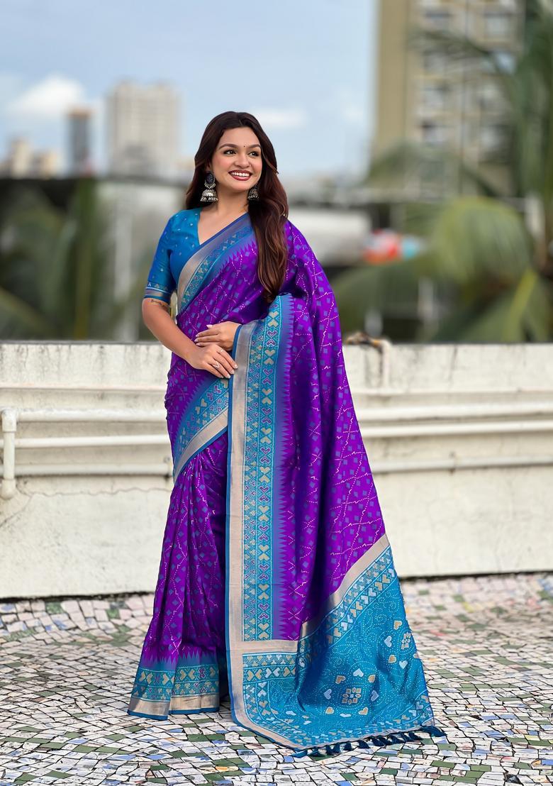 Purple Zari Work Silk Saree Set - Indya