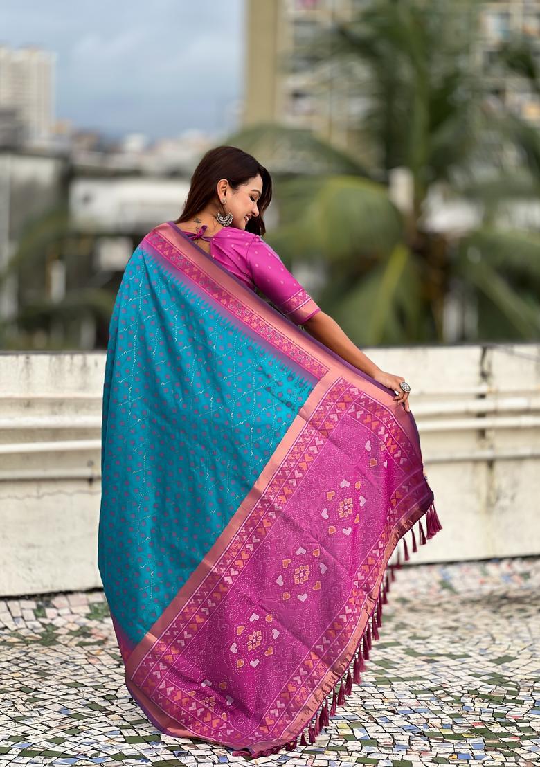 Sky Blue Zari Work Silk Saree Set - Indya