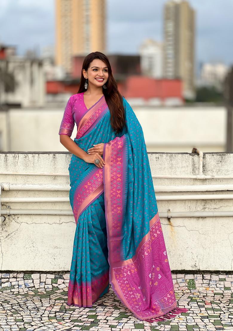 Sky Blue Zari Work Silk Saree Set - Indya