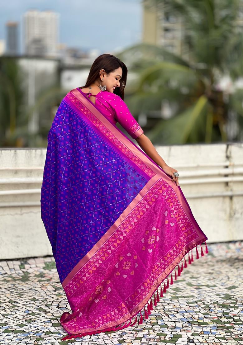 Violet Zari Work Silk Saree Set - Indya