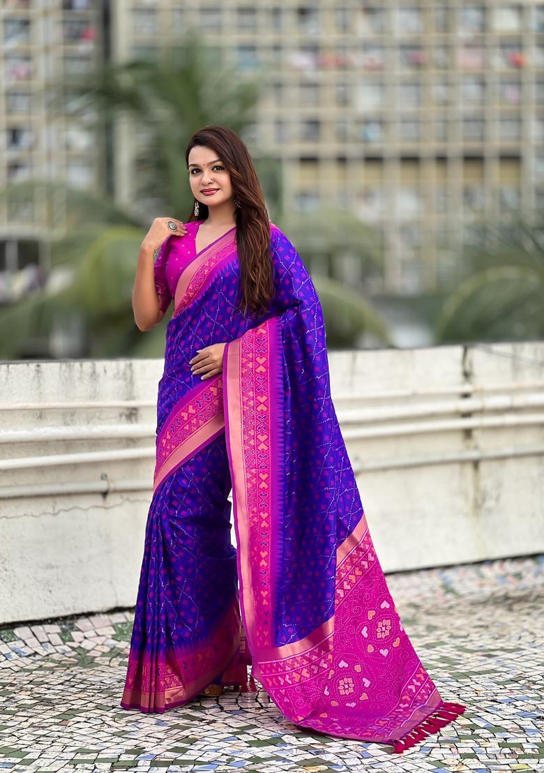 Violet Zari Work Silk Saree Set - Indya