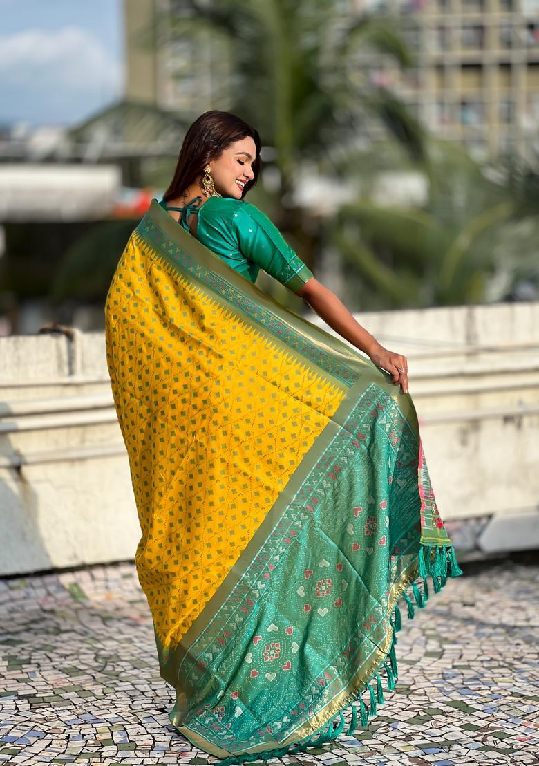 Yellow Zari Work Silk Saree Set - Indya