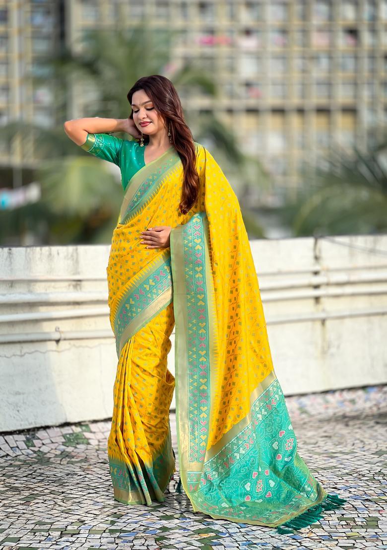 Yellow Zari Work Silk Saree Set - Indya