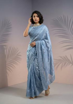 Blue Embroidery Silk Saree Set