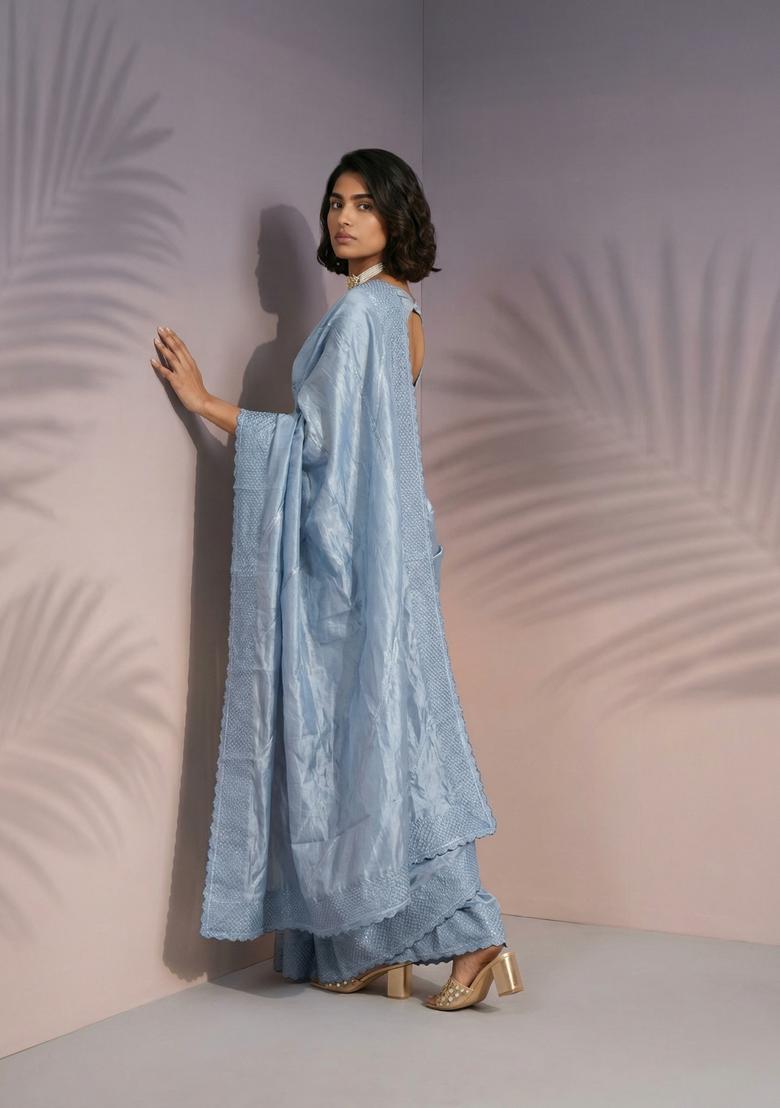 Blue Embroidery Silk Saree Set - Indya