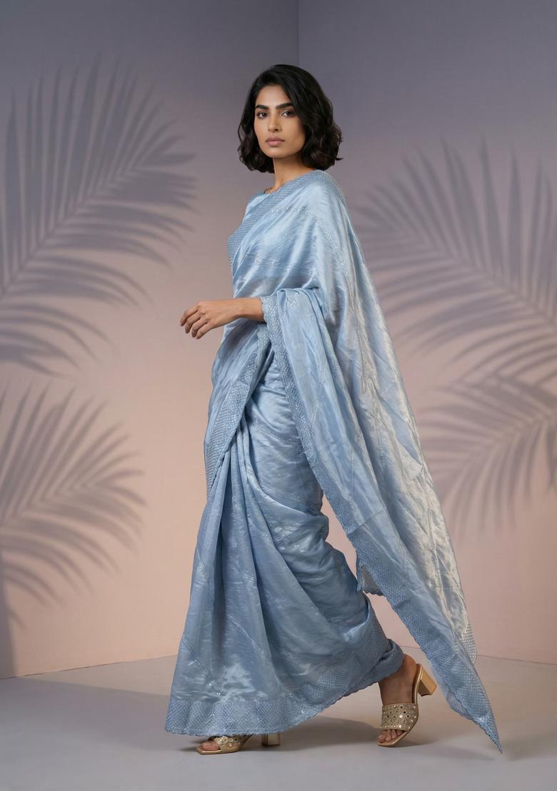 Blue Embroidery Silk Saree Set - Indya