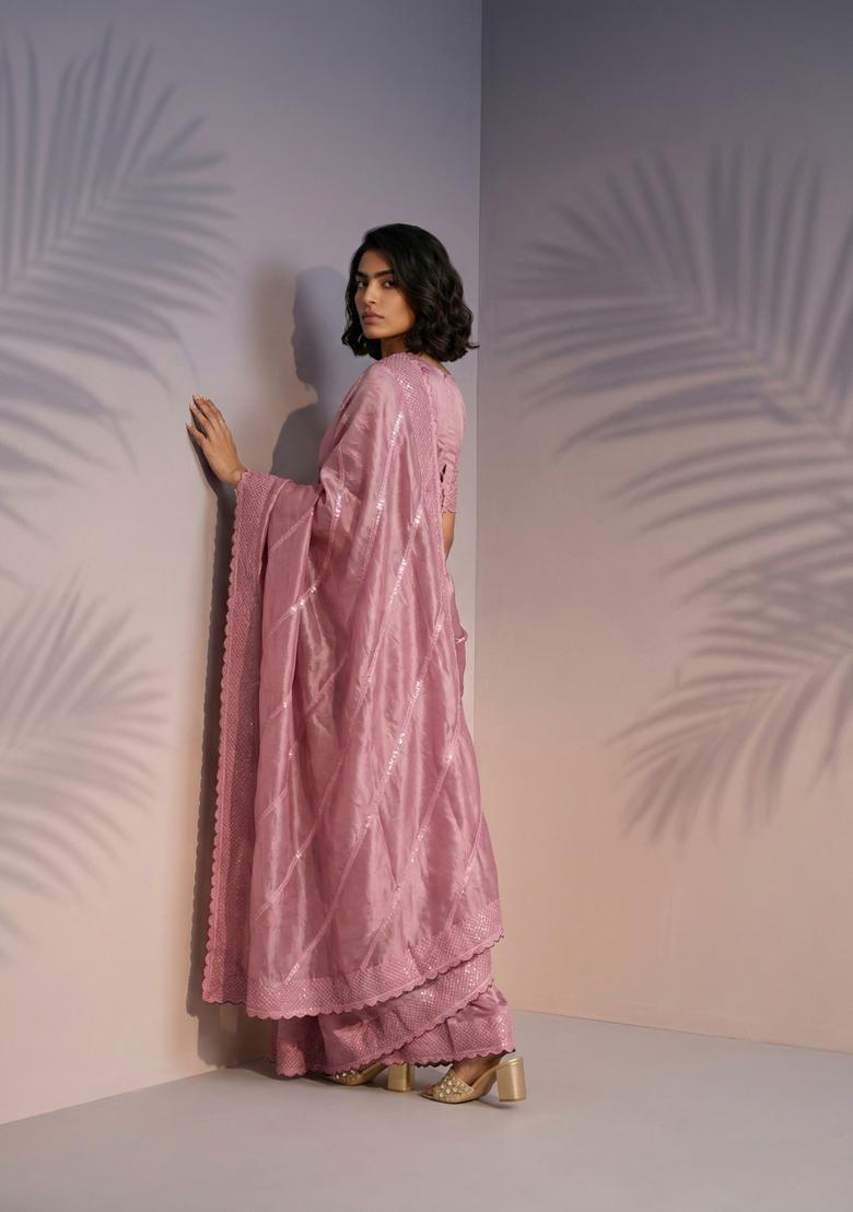 Coral Embroidery Silk Saree Set - Indya