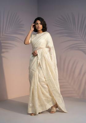 Cream Embroidery Silk Saree Set