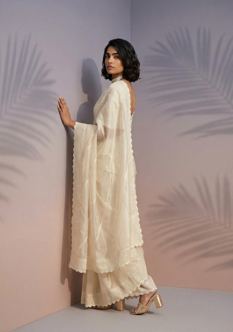 Cream Embroidery Silk Saree Set - Indya