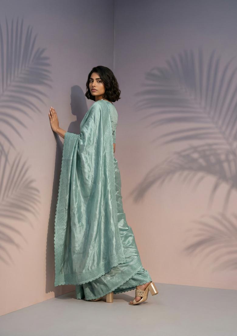 Green Embroidery Silk Saree Set - Indya