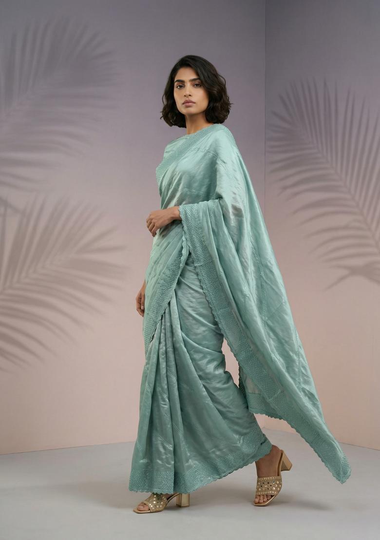 Green Embroidery Silk Saree Set - Indya