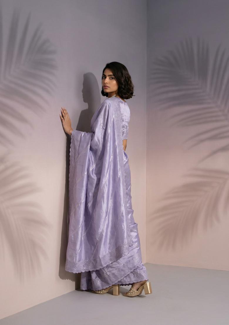 Lavender Embroidery Silk Saree Set - Indya