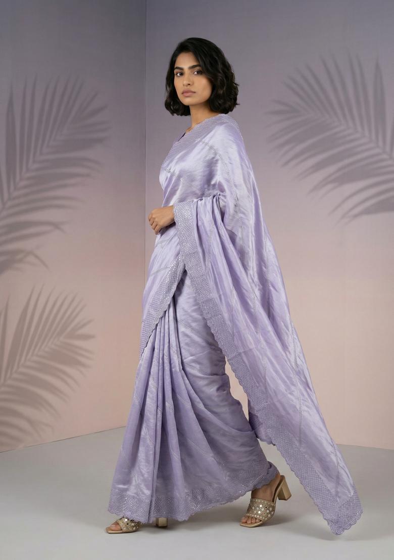 Lavender Embroidery Silk Saree Set - Indya