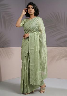 Green Embroidery Silk Saree Set
