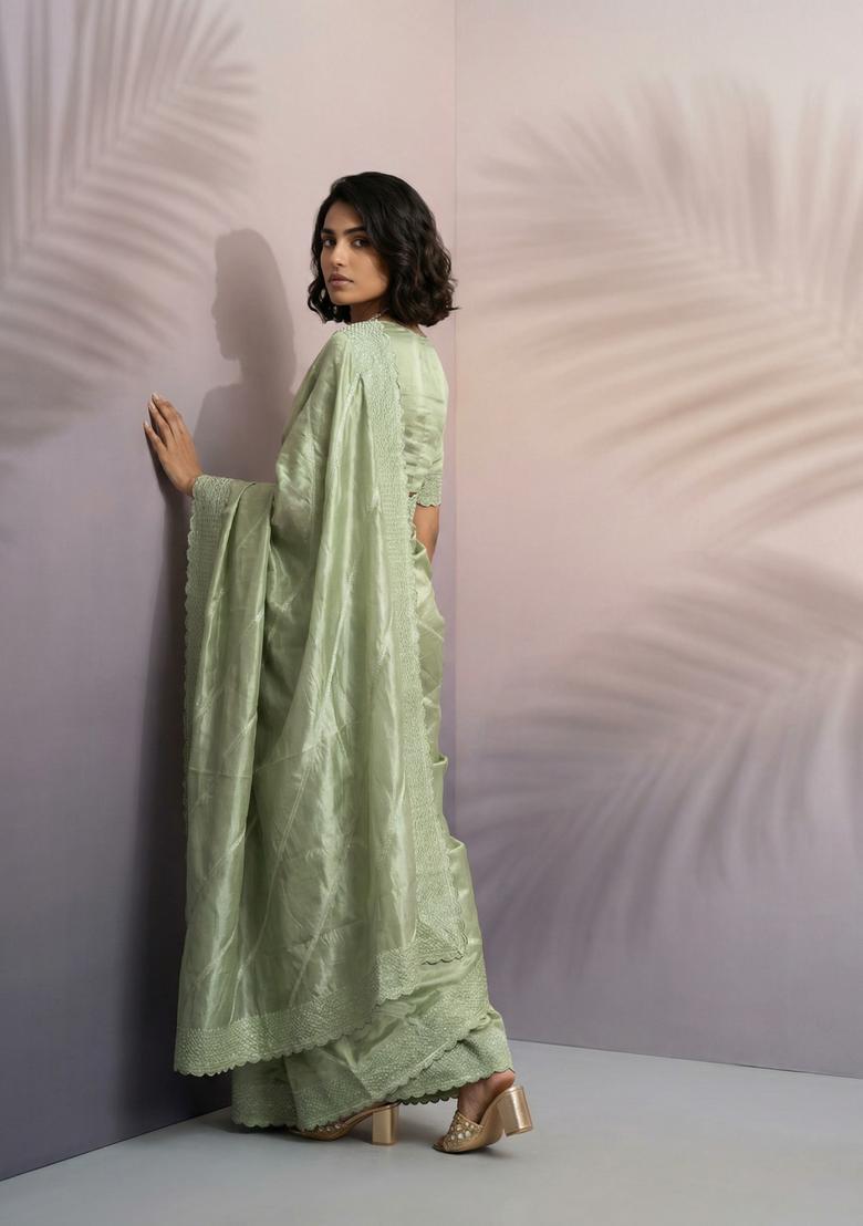Green Embroidery Silk Saree Set - Indya