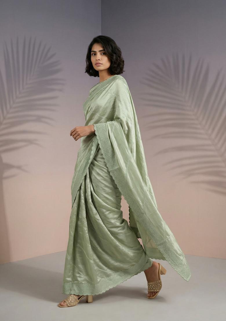 Green Embroidery Silk Saree Set - Indya