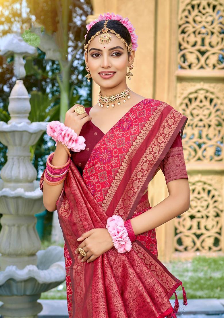 Maroon Zari Work Silk Saree Set - Indya