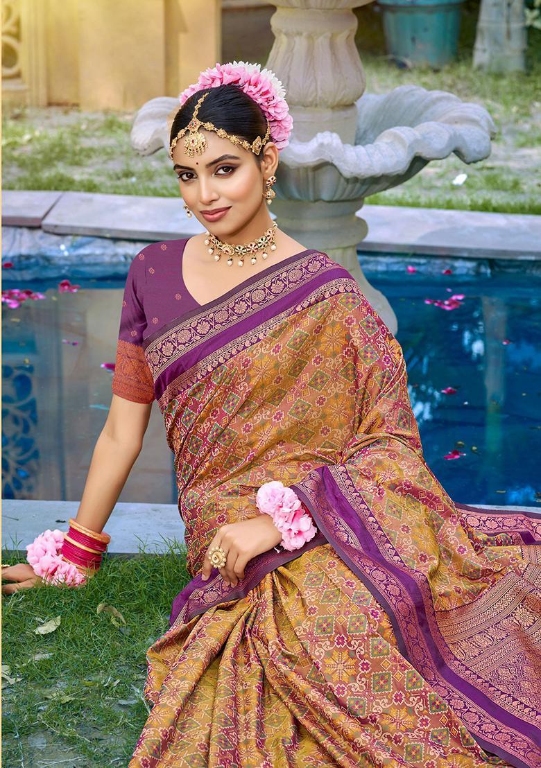 Purple Zari Work Silk Saree Set - Indya